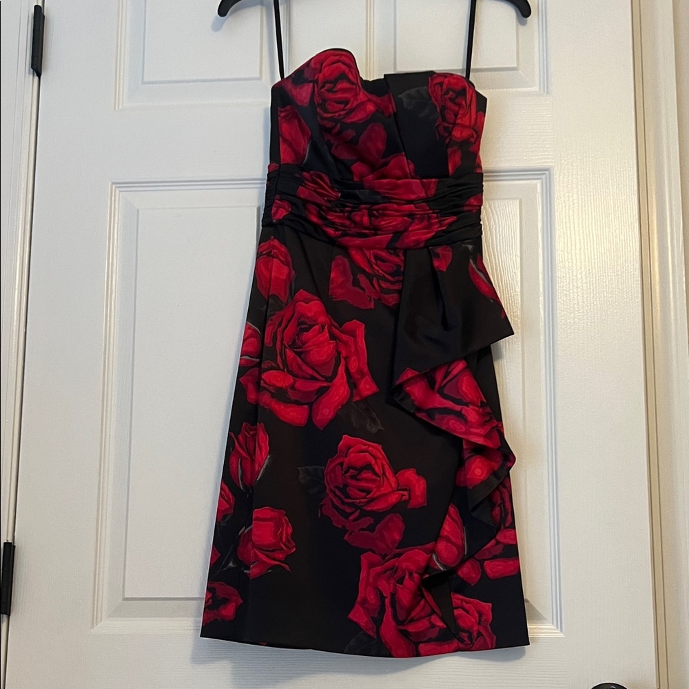 White House Black Market Strapless Dress with Red Floral Design